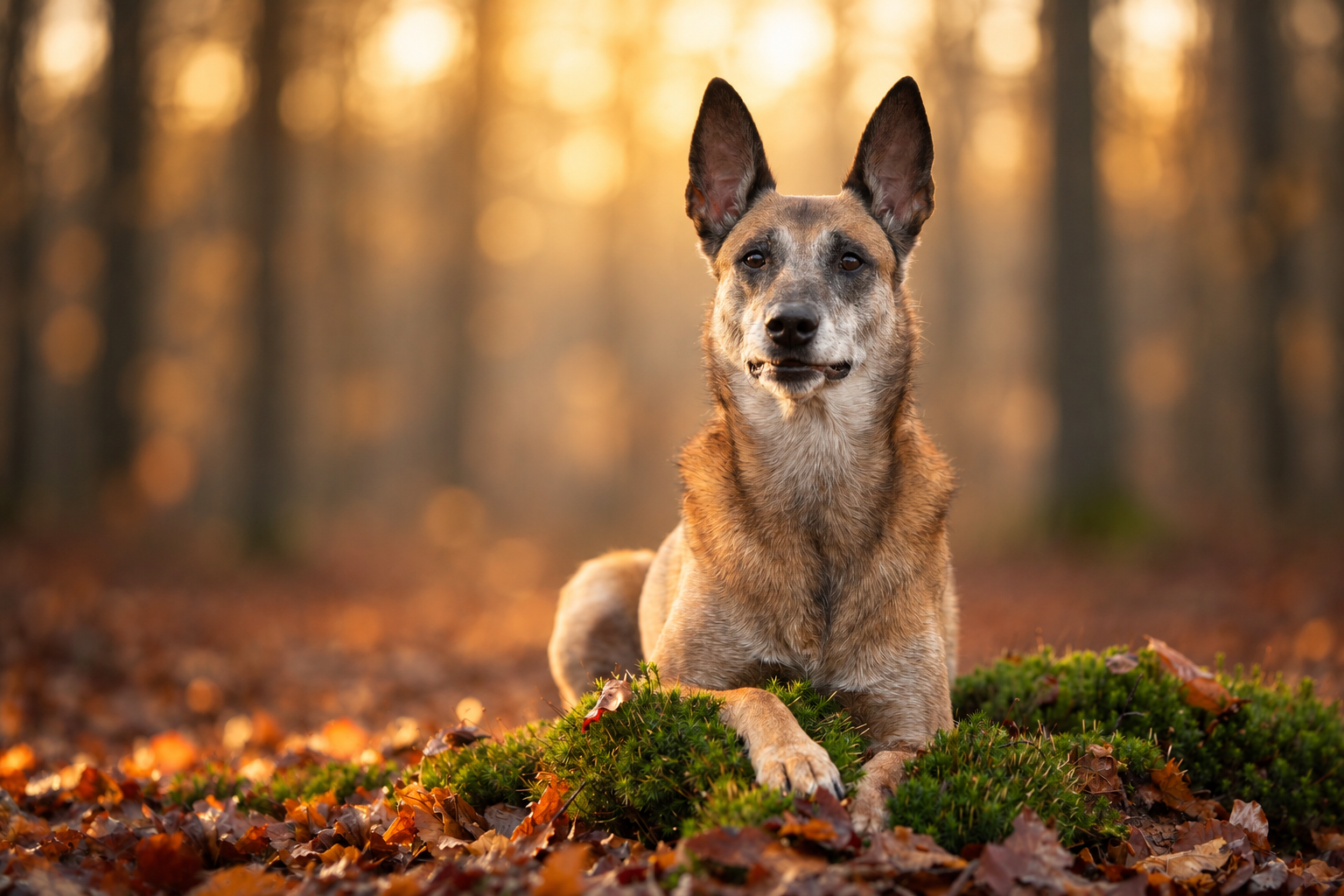 Floortje, een Mechelse herder, op mos in warm herfstlicht
